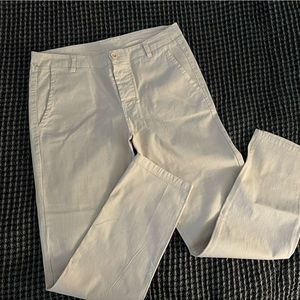Italian 95% cotton tan straight leg pant.